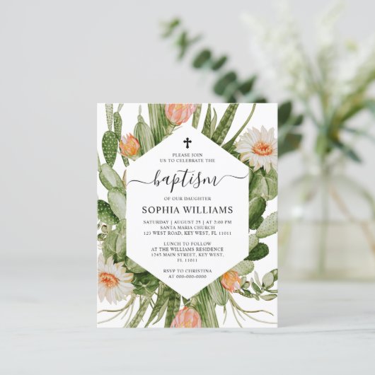Budget Cactus Flowers Frame Baptism Invitation (Stehend Vorderseite)