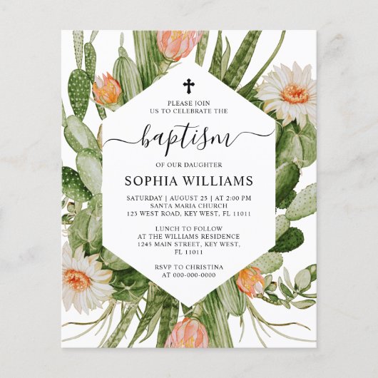 Budget Cactus Flowers Frame Baptism Invitation (Vorderseite)
