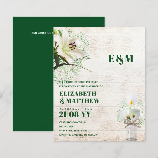 BUDGET Calla Lilies Chic Shabby Wedite Einladung (Vorne/Hinten)