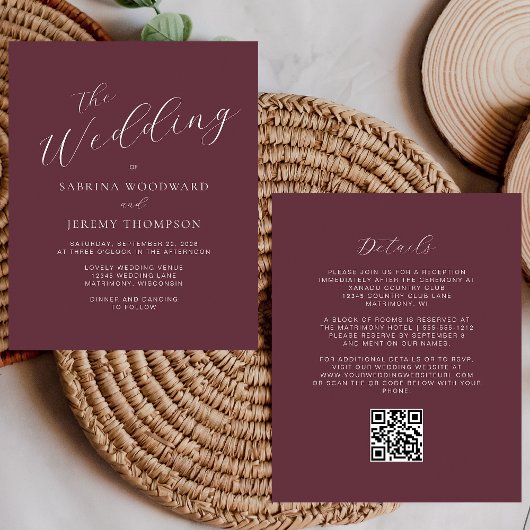 Budget Calligraphy Burgundy QR Code Wedding Einlad