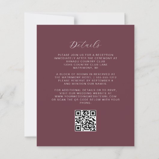 Budget Calligraphy Burgundy QR Code Wedding Einlad (Rückseite)