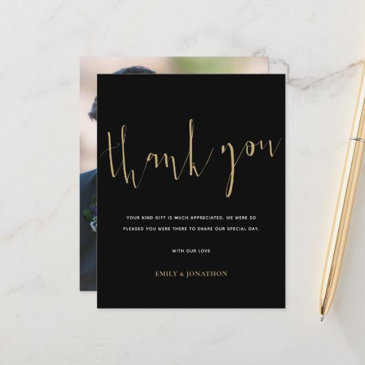 Budget Calligraphy Foto Gold Black Wedding Danke (Vorderseite/Rückseite Beispiel)