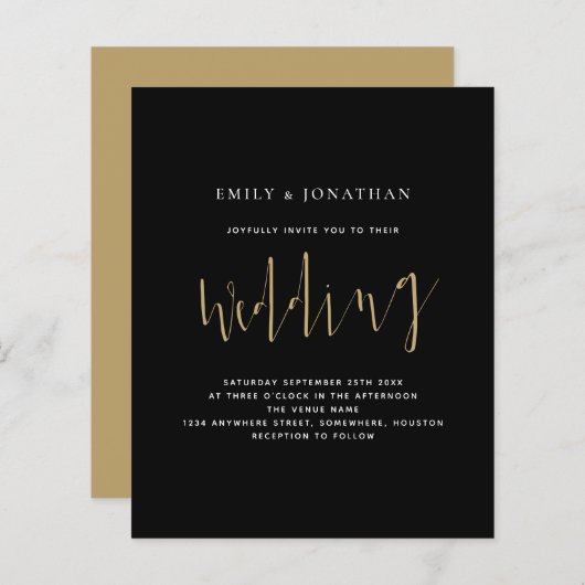 Budget Calligraphy Gold Black Wedding Einladung (Vorne/Hinten)