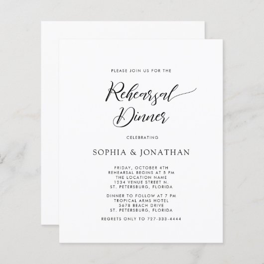 Budget Calligraphy Wedding Probe Dinner Einladung (Vorne/Hinten)