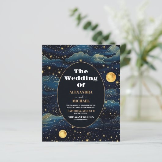 Budget Celestial Midnight Blue Stars Moon Wedding (Stehend Vorderseite)