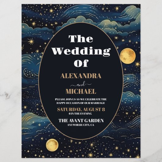 Budget Celestial Midnight Blue Stars Moon Wedding Flyer (Vorne)