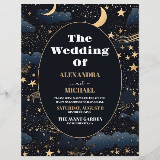 Budget Celestial Midnight Blue Stars Moon Wedding Flyer (Vorne)