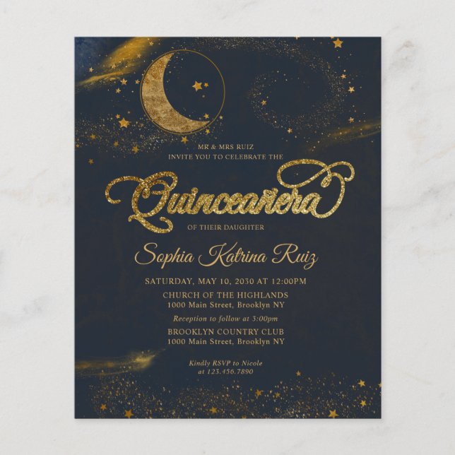 Budget Celestial Midnight Blue Stars Quinceanera (Vorderseite)