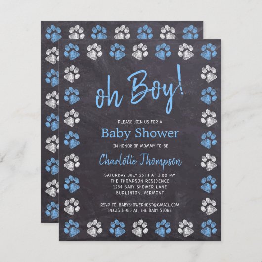 Budget Chalkboard Paw Prints Blue Boy Baby Dusche (Vorne/Hinten)