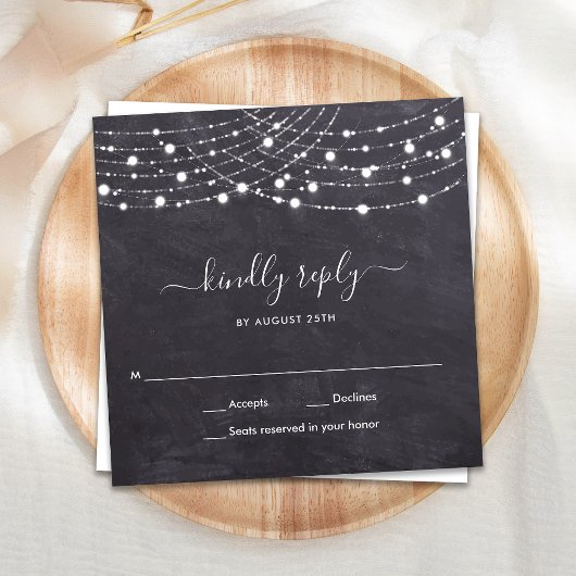 Budget Chalkboard String Lights Wedding RSVP Mitteilungskarte