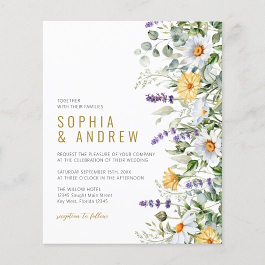 Budget Chamomile & Eukalyptus Wedding Einladung (Vorderseite)