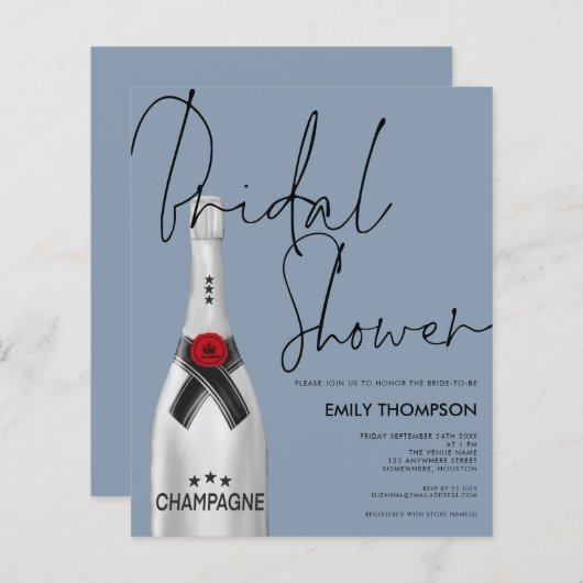 Budget Champagne Script Dusty Blue Brautparty (Vorne/Hinten)