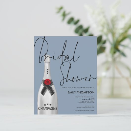 Budget Champagne Script Dusty Blue Brautparty (Stehend Vorderseite)