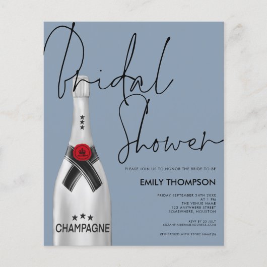 Budget Champagne Script Dusty Blue Brautparty (Vorderseite)