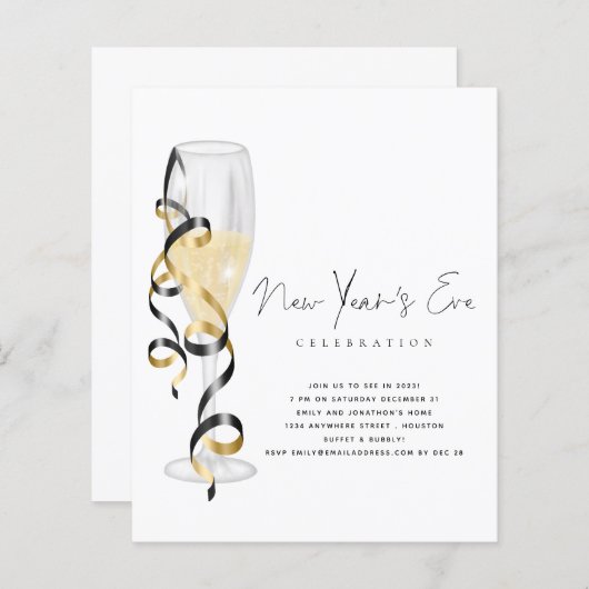 Budget Champagne Script Silvester Einladung (Vorne/Hinten)