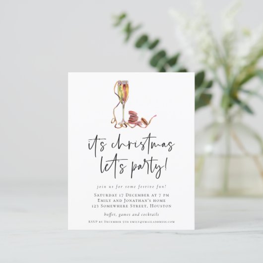 Budget Champagne Weihnachten Lasse Party Einladung (Stehend Vorderseite)