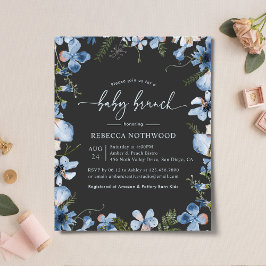 Budget Charcoal Blue Floral Baby Brunch Einladung