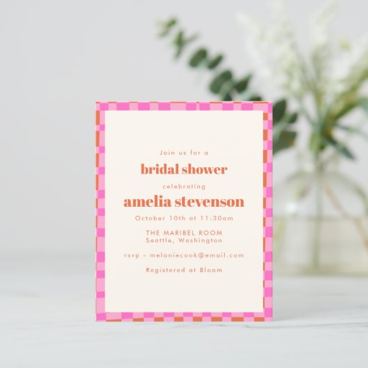 Budget Checker Pink Orange Bridal Shower Invite (Stehend Vorderseite)