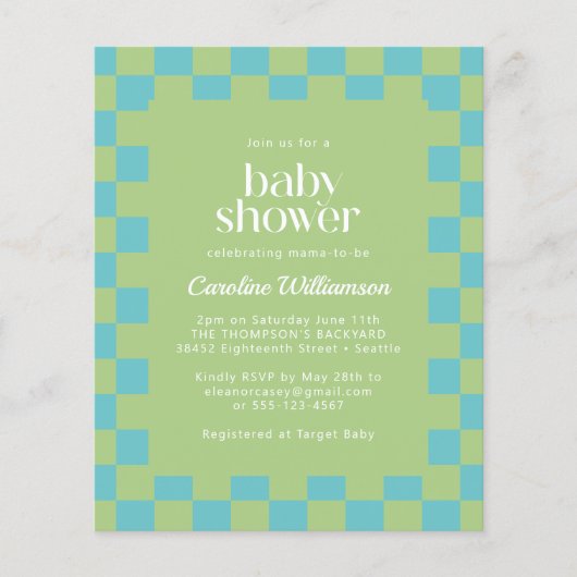 Budget Checkerboard Blue Green Baby Dusche Einladu (Vorderseite)