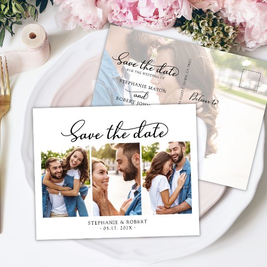 Budget Chic 3 Foto Collage Wedding Save the Date Ankündigungspostkarte
