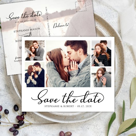 Budget Chic 5 Foto Collage Wedding Save the Date Ankündigungspostkarte
