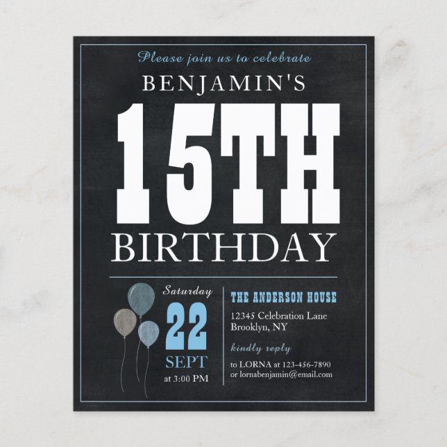 Budget Chic Chalkboard Blue Balloon 15. Geburtstag (Vorderseite)