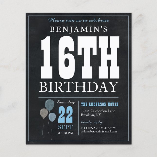 Budget Chic Chalkboard Blue Balloon 16. Geburtstag (Vorderseite)