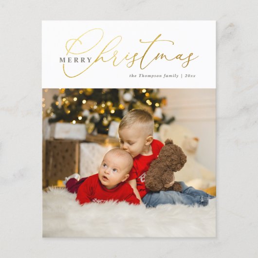 Budget Chic Gold Script Foto Frohe Weihnachten (Vorderseite)