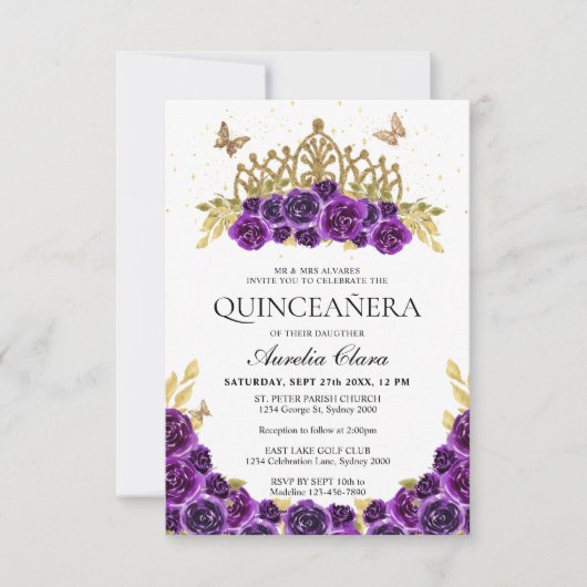 BUDGET Chic Lila Floral Gold Tiara Quinceanera Mitteilungskarte (Vorderseite)