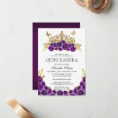 BUDGET Chic Lila Floral Gold Tiara Quinceanera Mitteilungskarte (Vorderseite/Rückseite Beispiel)