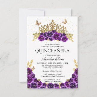 BUDGET Chic Lila Floral Gold Tiara Quinceanera Mitteilungskarte