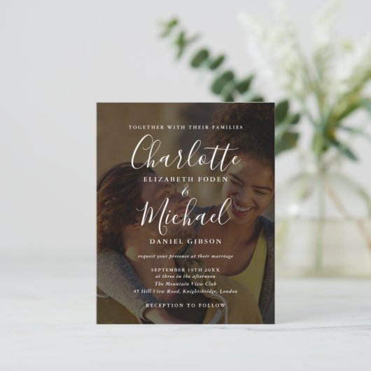 Budget Chic Script 2 Fotos Einladung Hochzeit (Stehend Vorderseite)