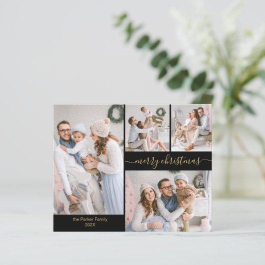 Budget Chic Script 5 Foto Collage Weihnachtskarten (Stehend Vorderseite)