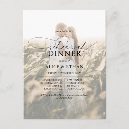 Budget Chic Script Foto Probe Dinner Einladungspostkarte (Vorderseite)