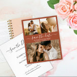 Budget Chic Script Foto Terracotta Save the Date Flyer<br><div class="desc">Moderne Drehbuch Terracotta Rost verbrannte orange boho Wüste 3 Foto Collage Hochzeit retten das Datum Ankündigung personalisiert erschwingliche Low-Budget-Flyer. Chic minimalistische Design-Vorlage verfügt über drei (3) Paar Foto Collage und elegante kursive Hand Schrift Schrift "Save the Date" Text.</div>