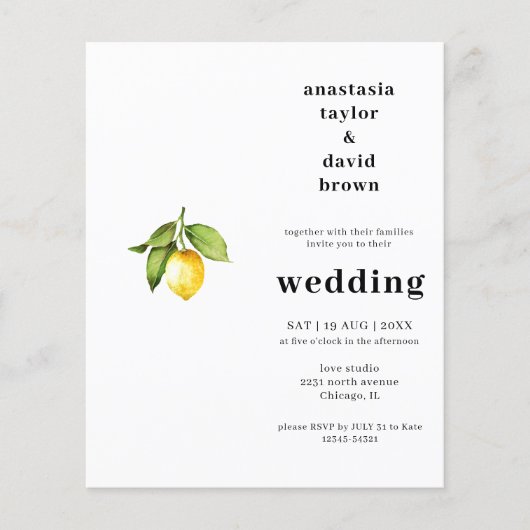 Budget Citrus Lemon Hochzeitseinladung (Vorderseite)