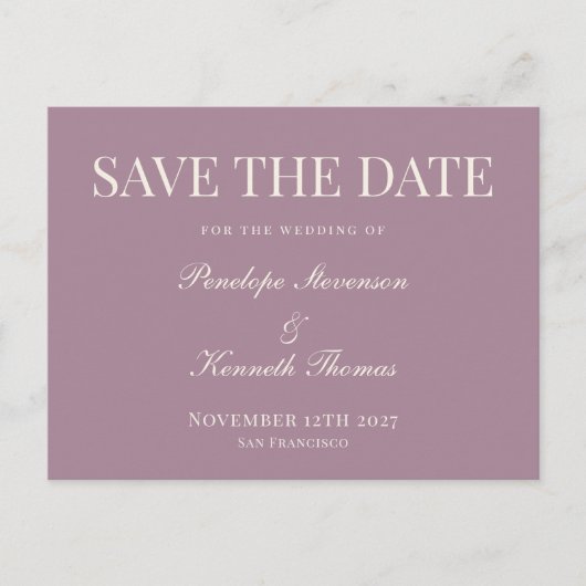 Budget Classic Dusty Save the Date Lila Postkarte (Vorderseite)