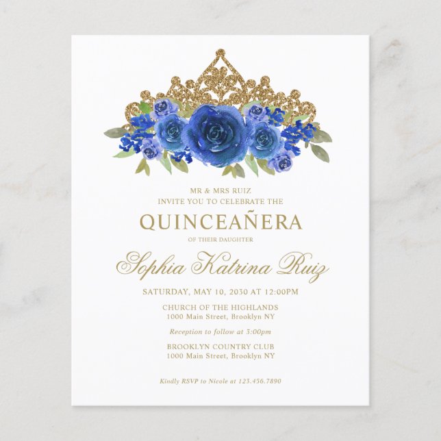 Budget Classic Floral Royal Blue Tiara Quinceañera (Vorderseite)