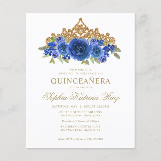 Budget Classic Floral Royal Blue Tiara Quinceañera Flyer (Vorne)