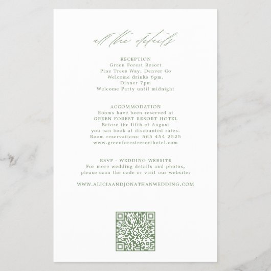 Budget classic sage all in one wedding invitation flyer (Hinten)