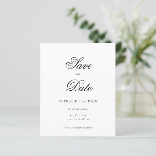 BUDGET Classic Script Photo Wedding Save the Date (Stehend Vorderseite)