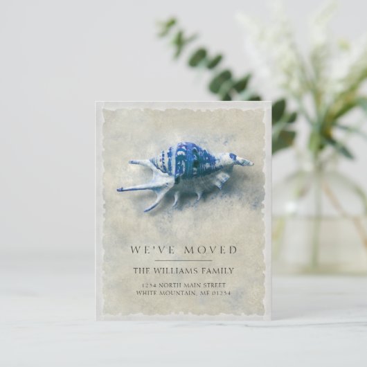 Budget Coastal Blue Seashell Beach Moving Card (Stehend Vorderseite)