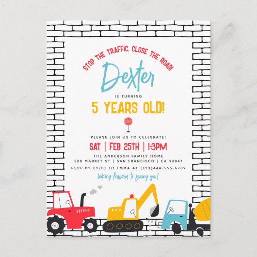 Budget Construction Vehicles Boy Birthday Postcard Einladungspostkarte (Vorderseite)