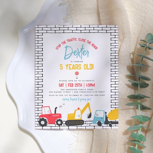 Budget Construction Vehicles Boy Birthday Postcard Einladungspostkarte