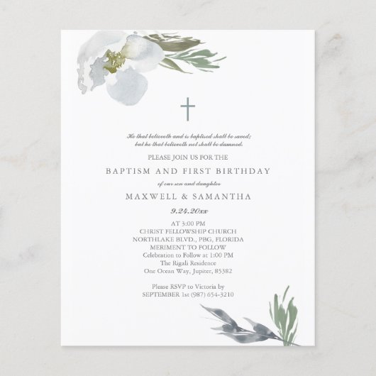 Budget Cool Gray Watercolor Florals Twins Taufe Flyer (Vorne)