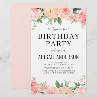 Budget Coral Floral Girly Birthday Einladung