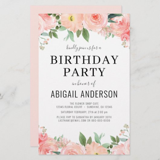 Budget Coral Floral Girly Birthday Einladung (Vorne/Hinten)