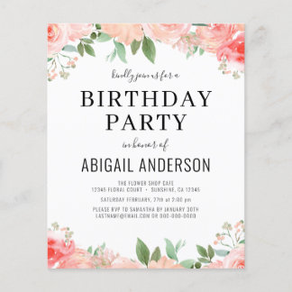 Budget Coral Floral Girly Birthday Einladung Flyer