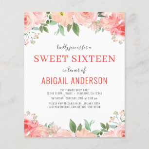 Budget Coral Floral Sweet 16 Geburtstag Einladung Flyer