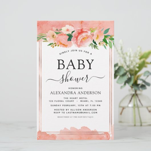 Budget Coral Peach Baby Dusche Pastel Einladung (Stehend Vorderseite)